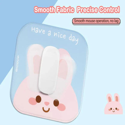 Cute animal-themed desk pad with smooth cloth surface and non-slip rubber base for precise mouse tracking and comfortable use
