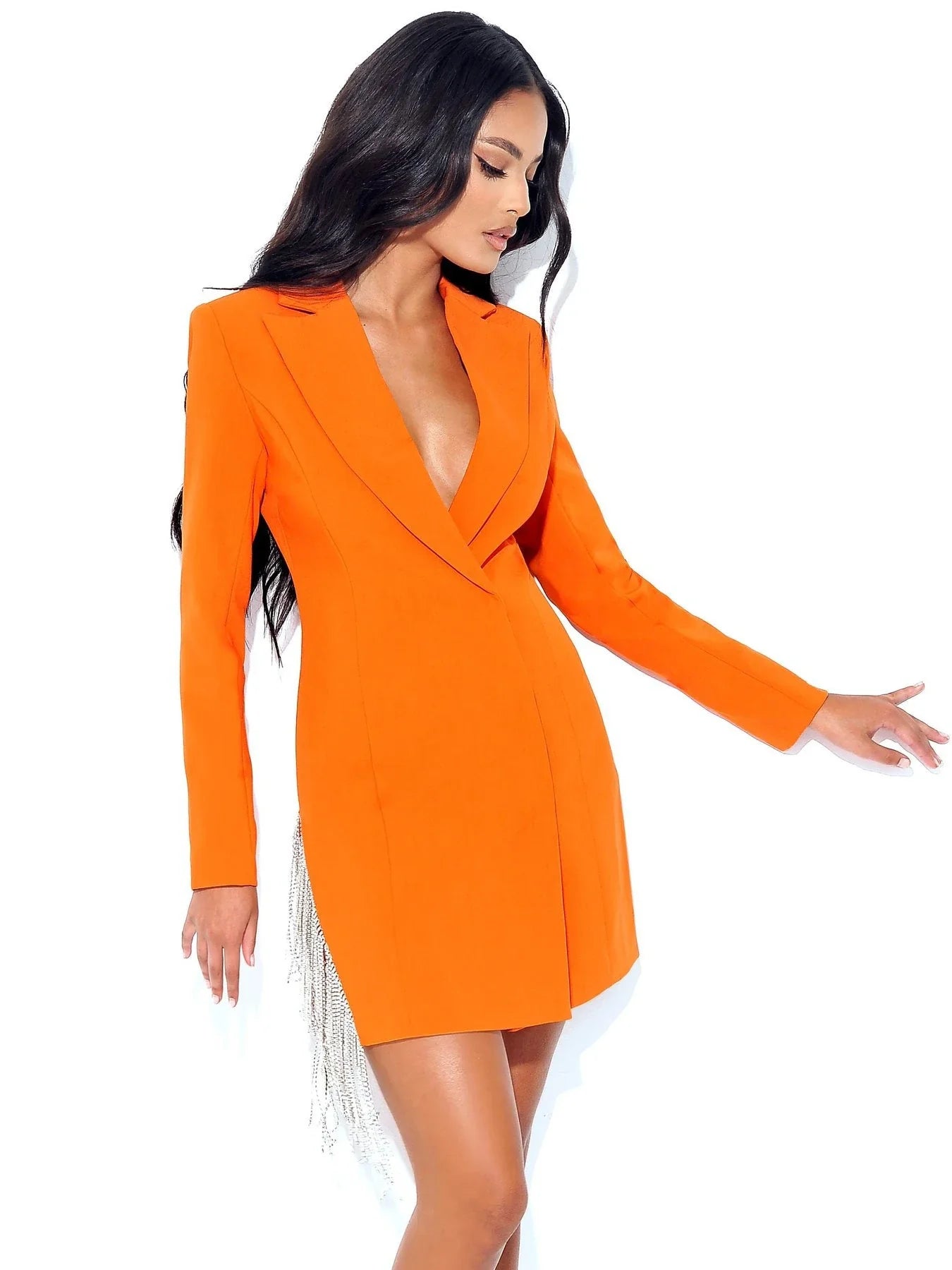 Stylish one-shoulder long-sleeve toast-colored fashion suit with short A-line skirt