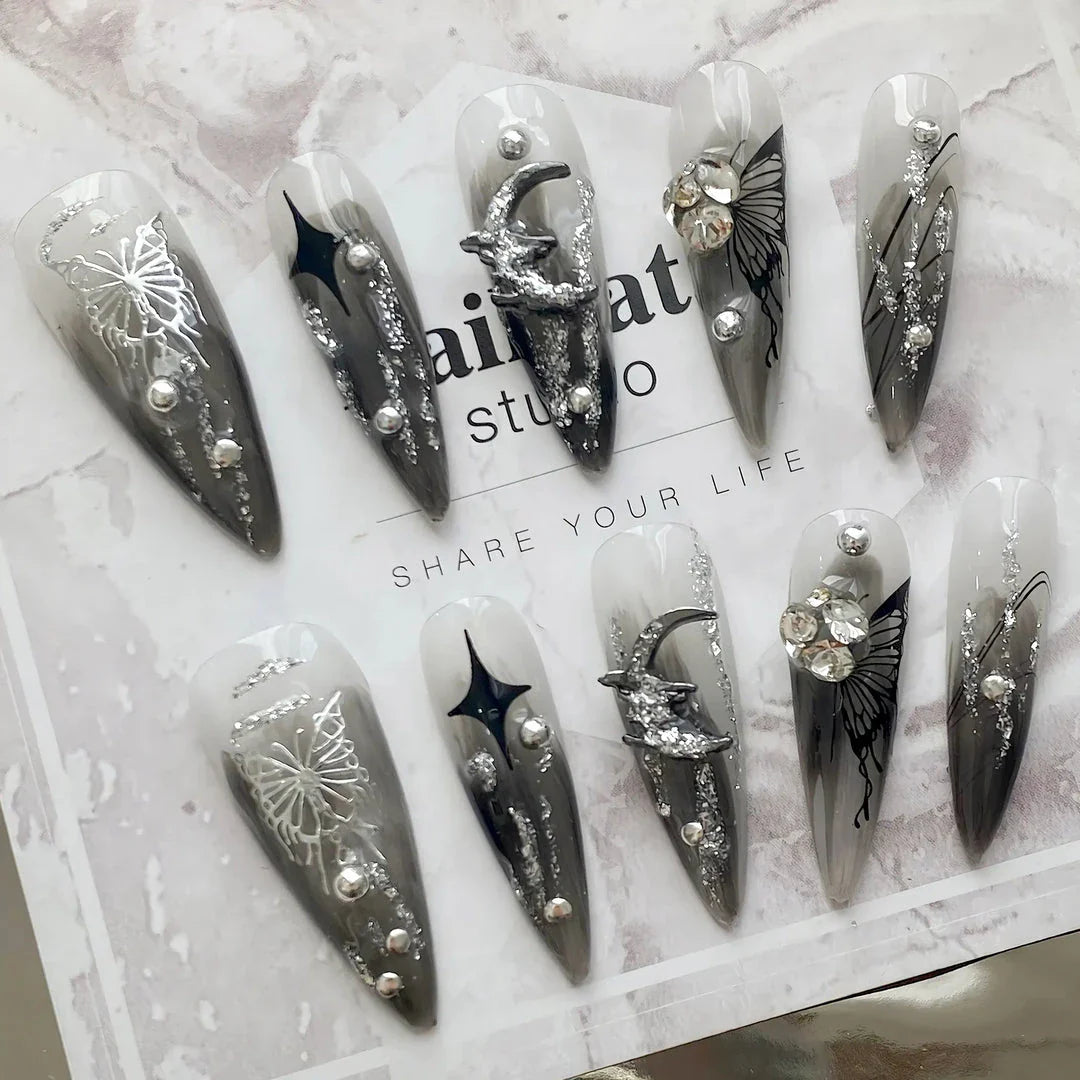 Meticulously crafted Gothic Dark Punk Butterfly Press-On Nails with intricate metal liquid butterfly designs