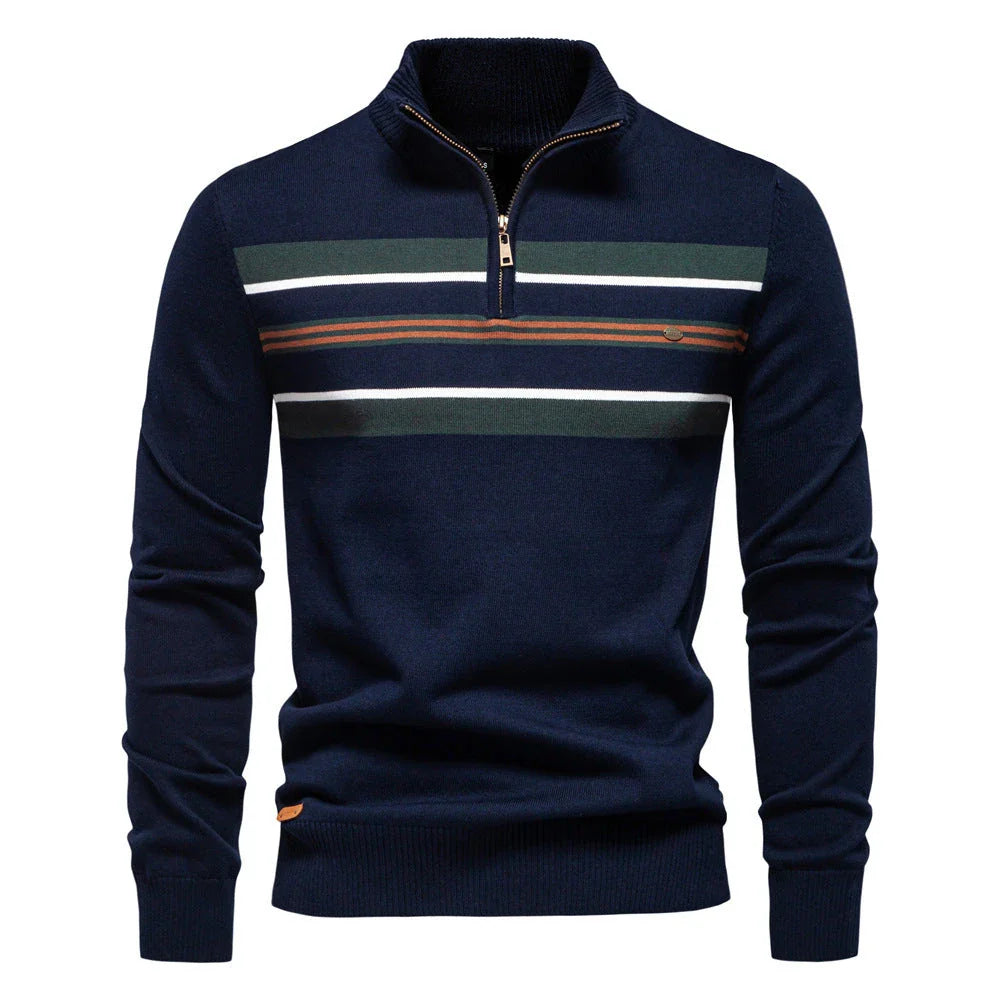 Cozy autumn and winter half-zip sweater in green, dark blue, khaki, and light gray colors