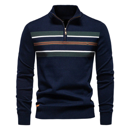 Cozy autumn and winter half-zip sweater in green, dark blue, khaki, and light gray colors