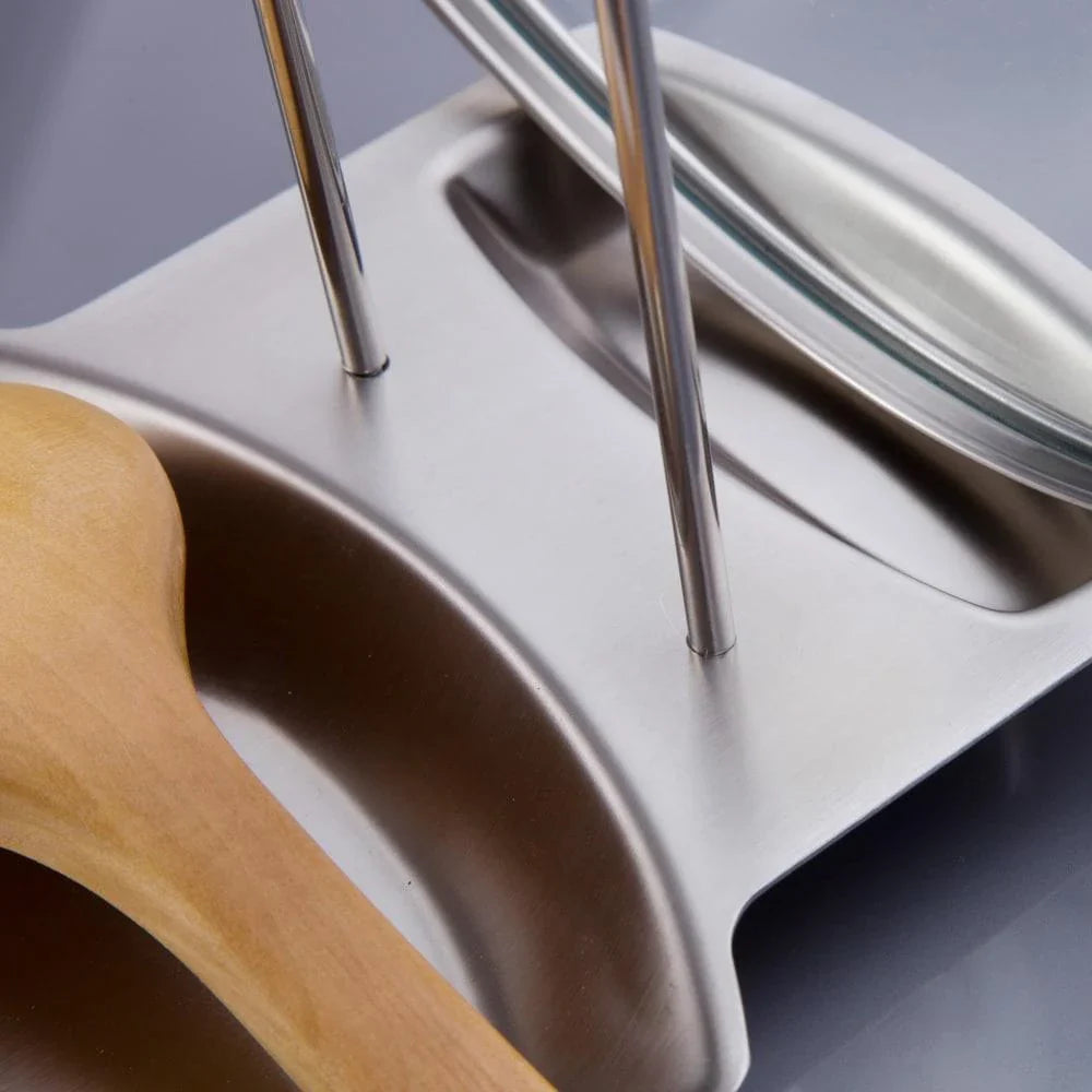 Premium eco-friendly stainless steel cooking spoon and pan lid rack for organized, sustainable kitchen