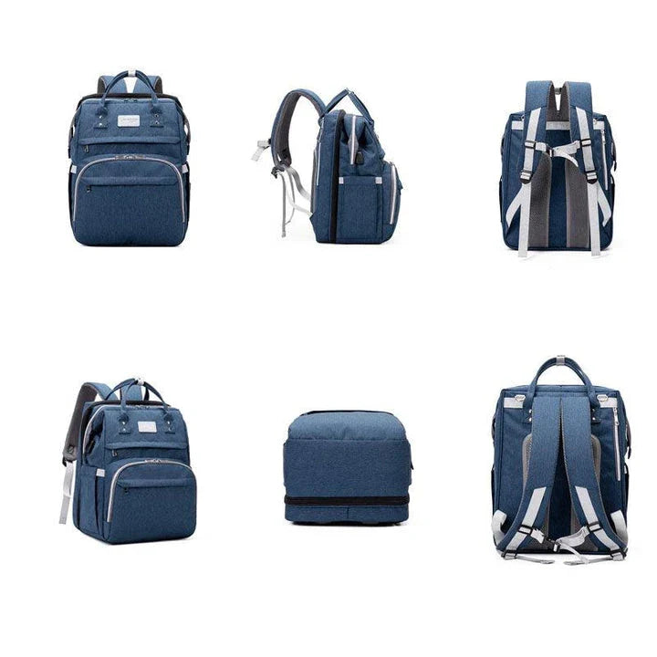 Multifunctional maternity diaper backpack with detachable crib, large capacity, and water-resistant design for travel