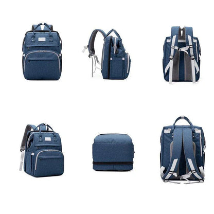 Multifunctional maternity diaper backpack with detachable crib, large capacity, and water-resistant design for travel