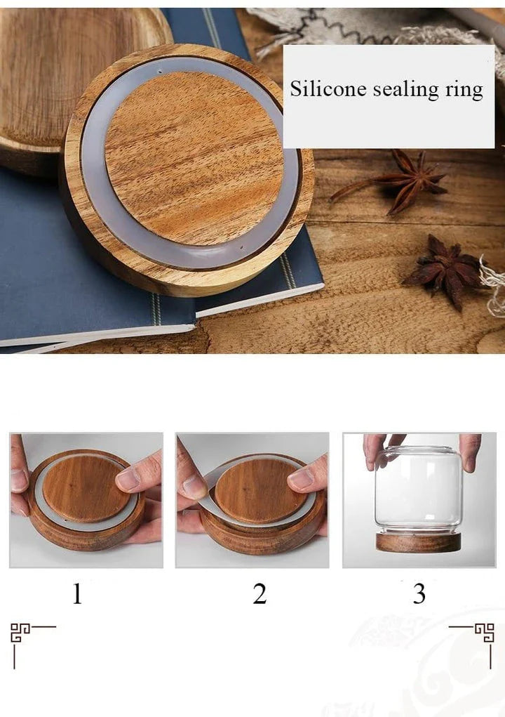 Airtight glass food storage jars with wooden lids in various sizes, perfect for organizing and preserving dry goods, spices, and pantry items in the kitchen.