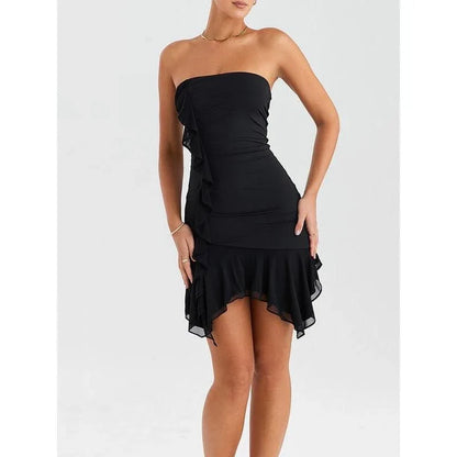 Elegant strapless ruffled mini dress in black featuring a bodycon silhouette and backless design for a chic, glamorous look.