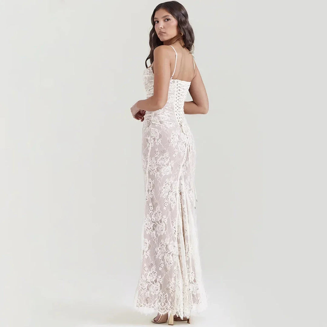 Elegant ivory lace 2-piece evening dress set with tie-up back and ankle-length silhouette