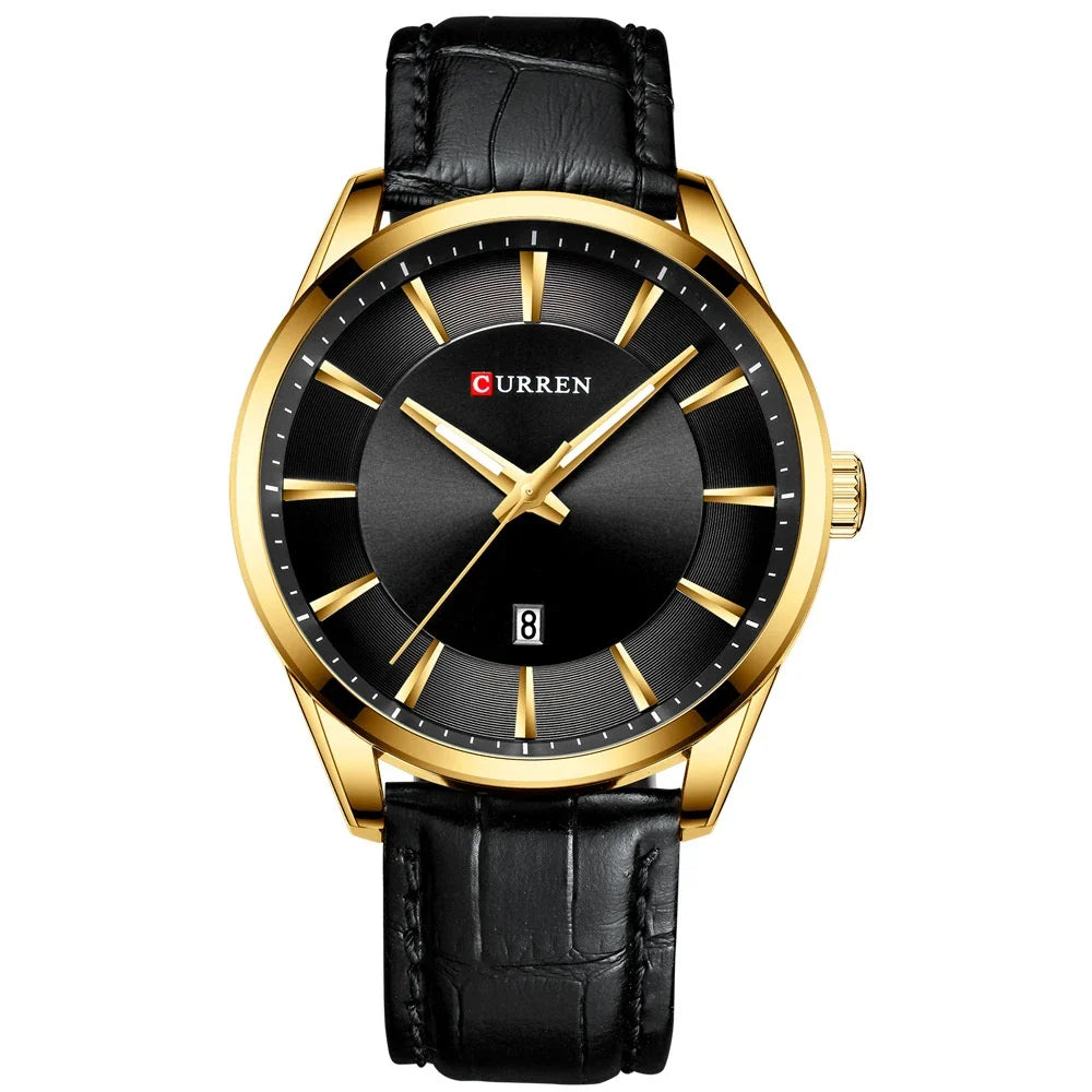 Stylish waterproof men's round belt watch in various color options, including black and white, coffee and white, blue and white, coffee and gold, and gold and black.