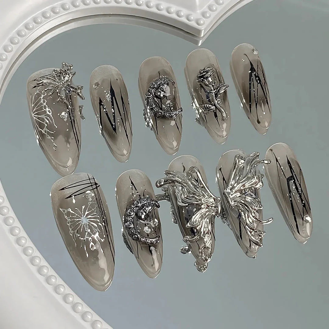 Meticulously crafted Gothic Dark Punk Butterfly Press-On Nails with intricate metal liquid butterfly designs