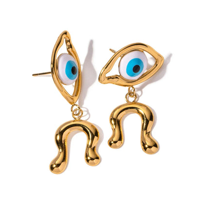 Pair of 18K gold plated stainless steel asymmetrical devil's eye earrings with a dripping oil finish