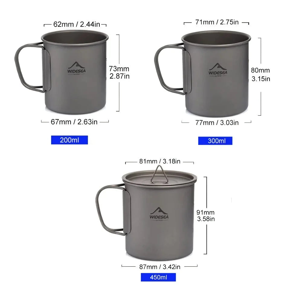 Titanium camping mug with lid, foldable design, available in multiple sizes for outdoor adventures