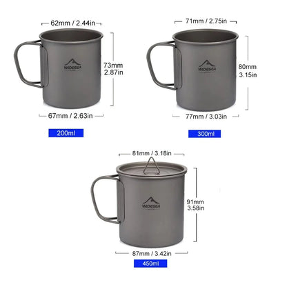 Titanium camping mug with lid, foldable design, available in multiple sizes for outdoor adventures
