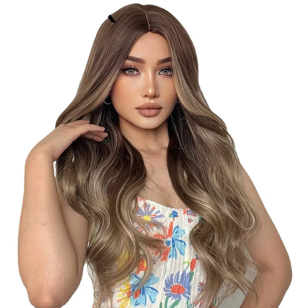 Luxurious gradient gray and brown long curly wig made with domestic silk fibers, suitable for any face shape and skin tone