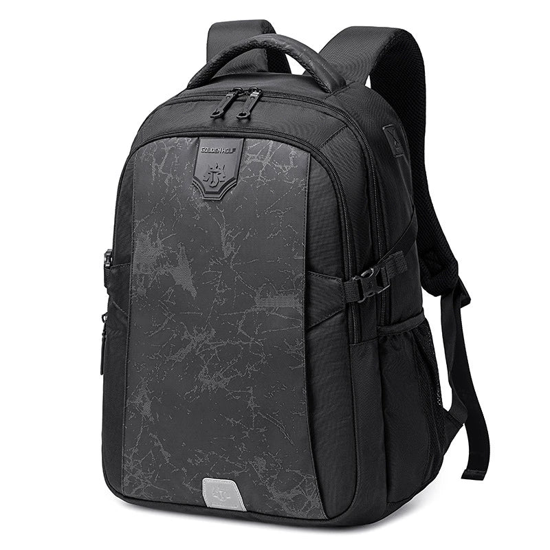 A sleek and stylish anti-theft backpack with a physiological curve back plate for comfortable carrying, made of waterproof and breathable polyester materials.