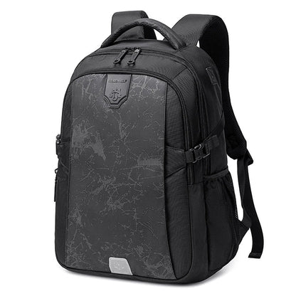 A sleek and stylish anti-theft backpack with a physiological curve back plate for comfortable carrying, made of waterproof and breathable polyester materials.