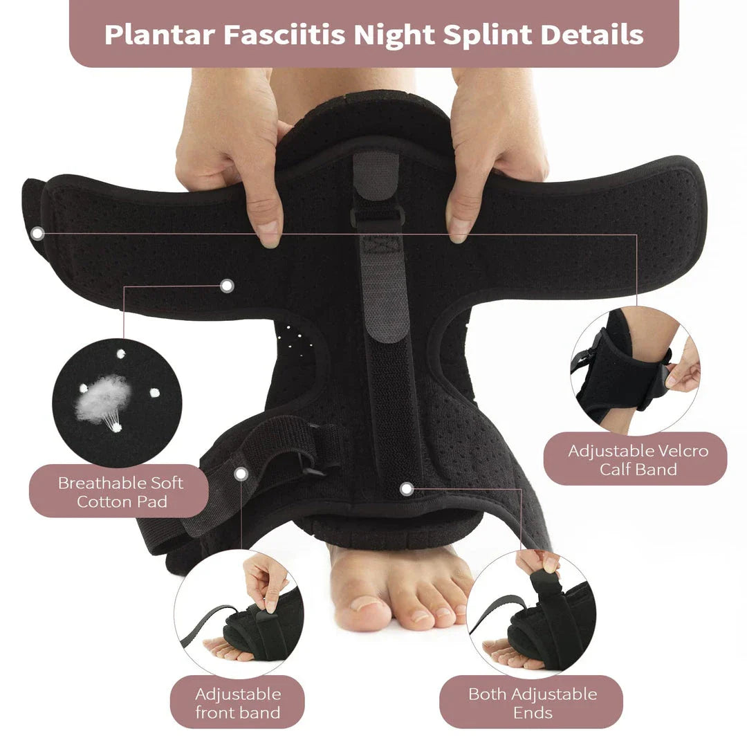 Adjustable night splint for treating plantar fasciitis, Achilles tendonitis, and foot drop with comfortable features and massage ball