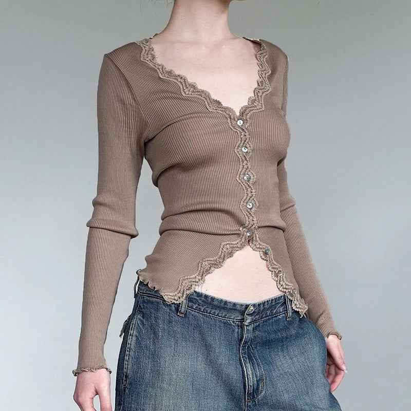 Stylish slim fit long sleeve v-neck t-shirt in khaki color, made with premium cotton-blend fabric