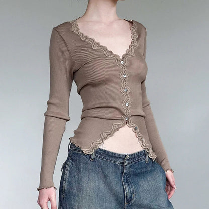 Stylish slim fit long sleeve v-neck t-shirt in khaki color, made with premium cotton-blend fabric