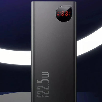 A sleek and durable metal power bank with a 10,000mAh capacity, quick-charging capabilities, and an LED display for easy monitoring.