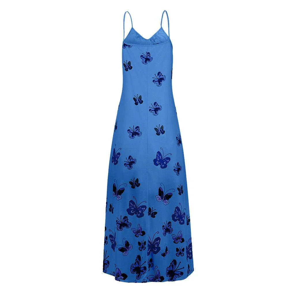 Stylish butterfly print high-waist dress with flowy, swing-style skirt and lightweight, breathable polyester fabric