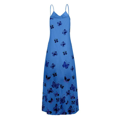 Stylish butterfly print high-waist dress with flowy, swing-style skirt and lightweight, breathable polyester fabric