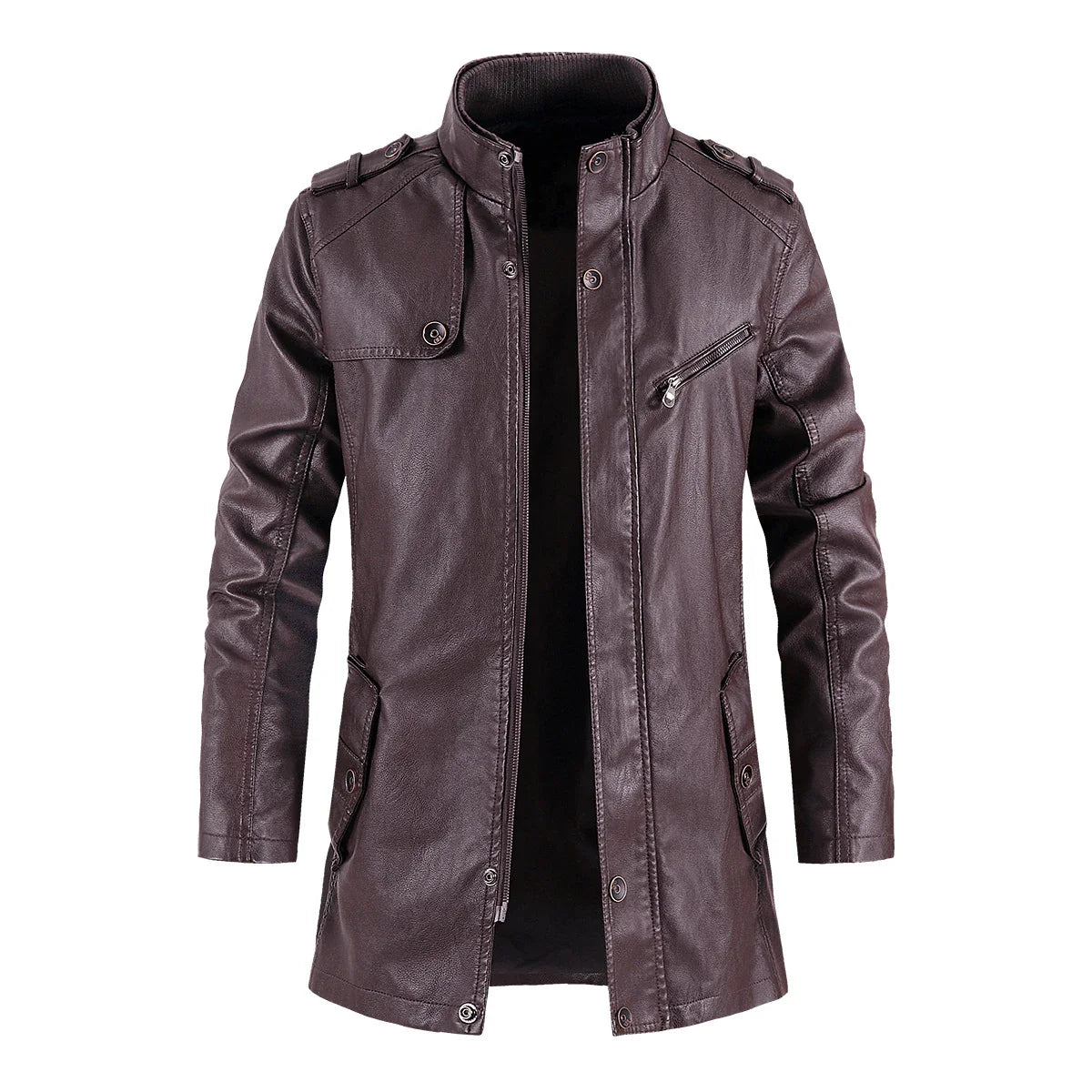 Fashionable standing collar plush leather jacket for men in black, brown, and light brown colors