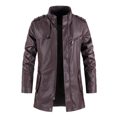 Fashionable standing collar plush leather jacket for men in black, brown, and light brown colors