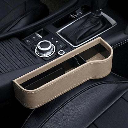 Multifunctional Car Seat Organizer with dedicated slots for phones, chargers, drinks, and cards, featuring a stylish polyurethane leather design.