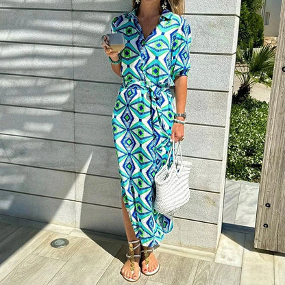 Stylish Printed Blouse Collar Bohemian Mid-Length Dress in Sky Blue with A-Line Silhouette and Geometric Pattern
