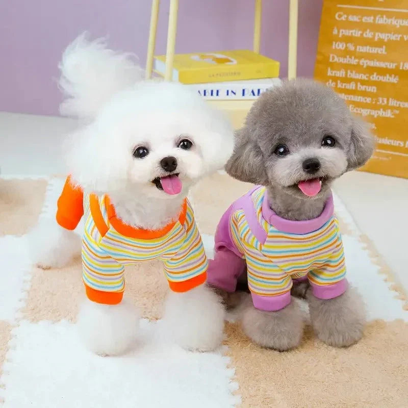 Cozy and stylish striped dog jumpsuit pajamas made of soft, breathable polyester for maximum comfort and warmth