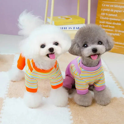 Cozy and stylish striped dog jumpsuit pajamas made of soft, breathable polyester for maximum comfort and warmth