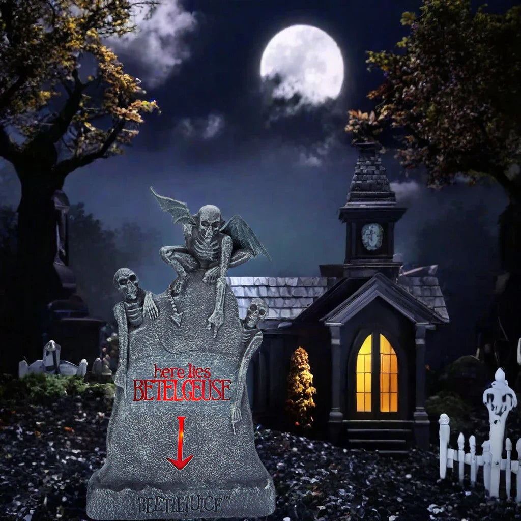 Glowing ghost skull tombstone decor with a spooky, otherworldly glow for Halloween