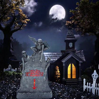 Glowing ghost skull tombstone decor with a spooky, otherworldly glow for Halloween
