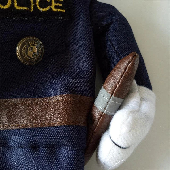 A soft, cotton pet costume designed as a policeman uniform, with a badge and cap, perfect for dressing up your dog or cat for Halloween or other celebrations.