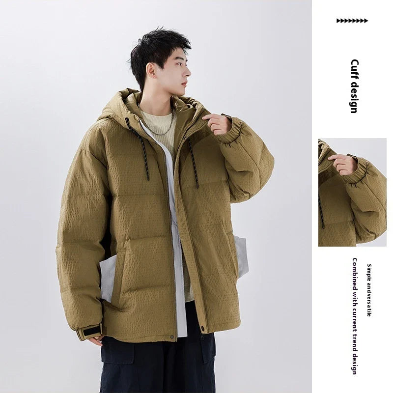 Premium youth insulated windbreaker jacket in black, beige, and brown colors with 90% white duck down insulation for warmth and wind protection