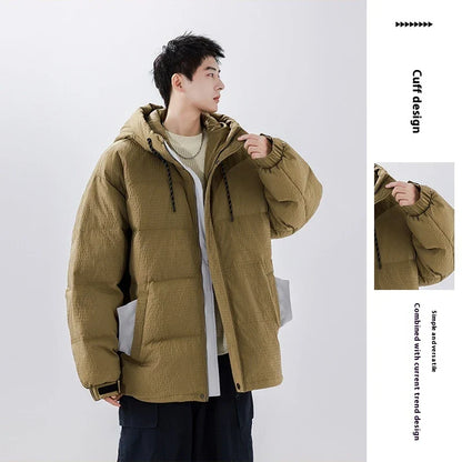 Premium youth insulated windbreaker jacket in black, beige, and brown colors with 90% white duck down insulation for warmth and wind protection