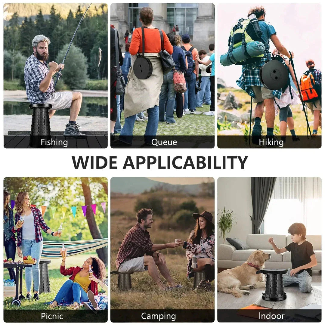 Adjustable height portable telescopic stool made of durable plastic for outdoor activities like hiking, fishing, and picnicking