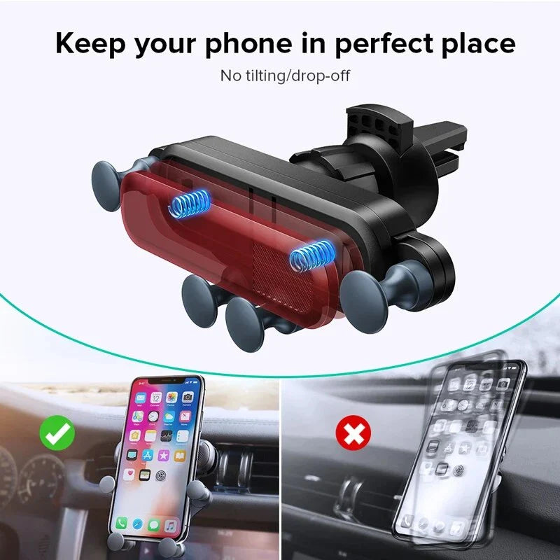Gravity-powered car phone holder with air vent mount, securely holding a smartphone in place