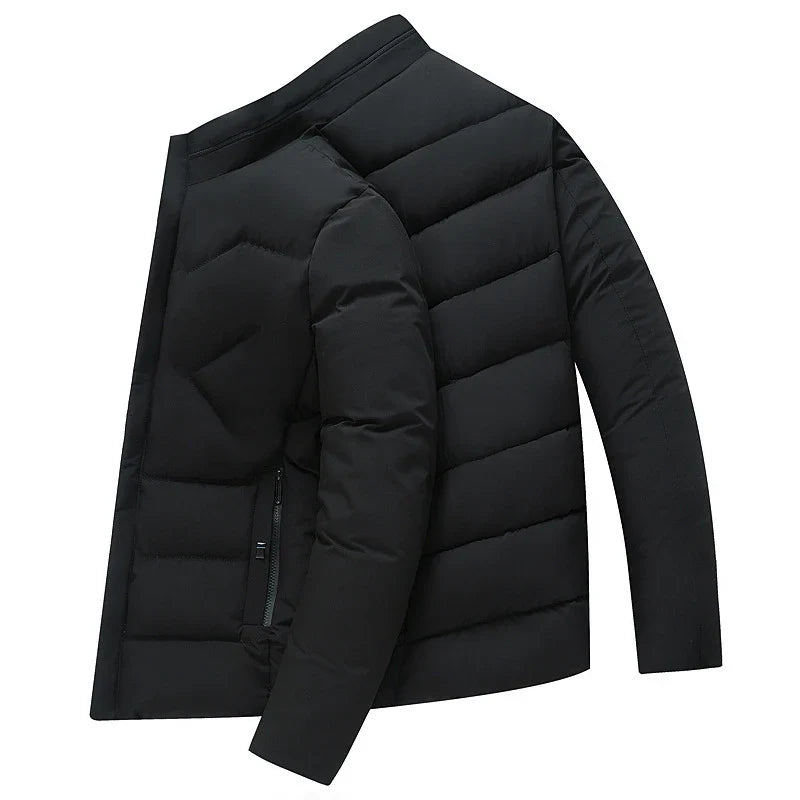Cozy padded jacket with stand collar and full-zip closure, available in gray, black, and navy blue colors