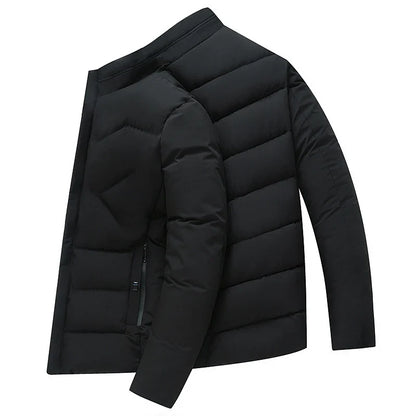 Cozy padded jacket with stand collar and full-zip closure, available in gray, black, and navy blue colors