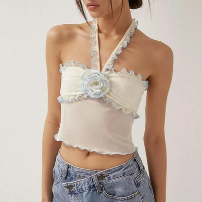Floral lace backless crop top with sleeveless design, perfect for summer style