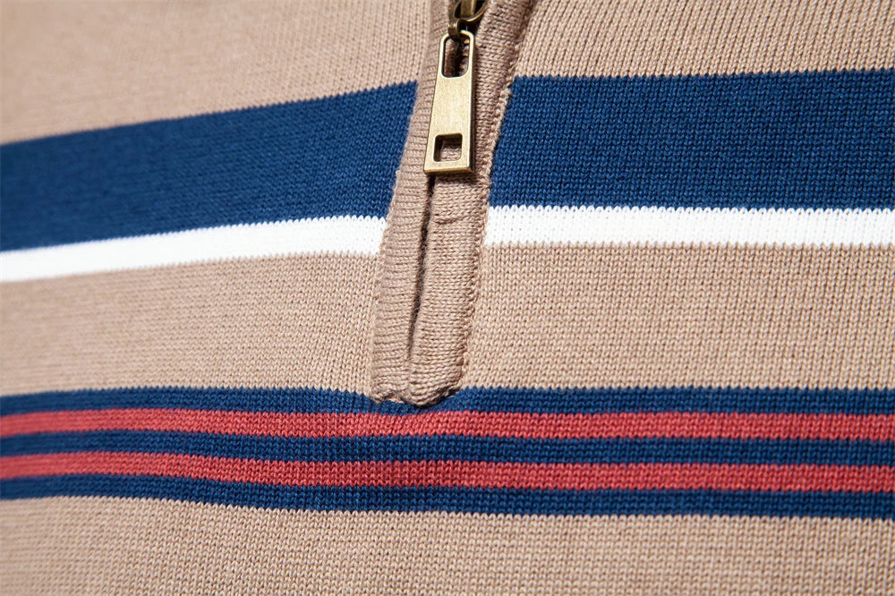 Cozy autumn and winter half-zip sweater in green, dark blue, khaki, and light gray colors