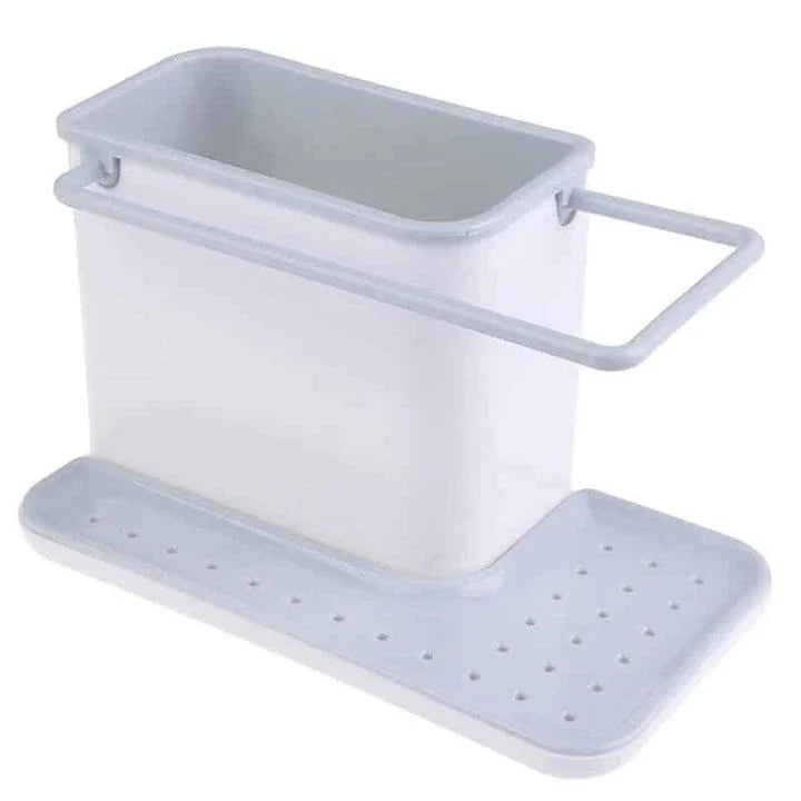 Multifunctional sink organizer with storage compartments, drying rail, and drip tray for a tidy kitchen countertop