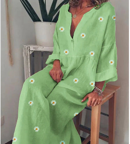 Daisy Print Long Sleeve Loose Dress in Lightblue, featuring a flowing silhouette and delicate floral pattern for a touch of feminine charm.
