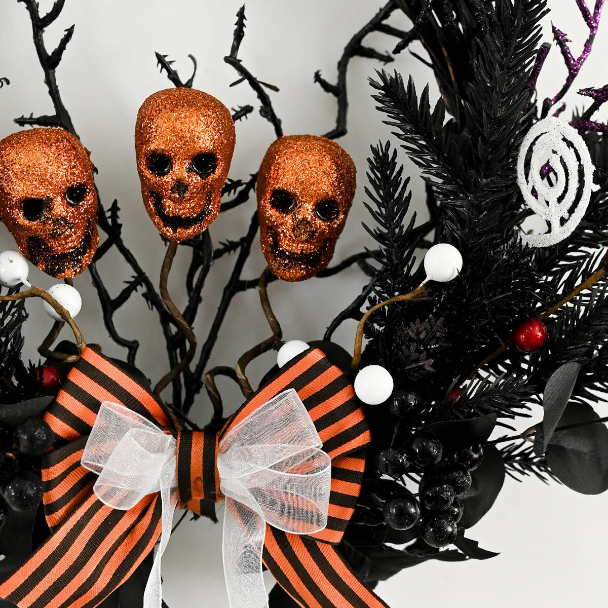 Spooktacular Halloween Skull Wreath with simulated yellow skulls, a chilling yet elegant addition to your holiday decor
