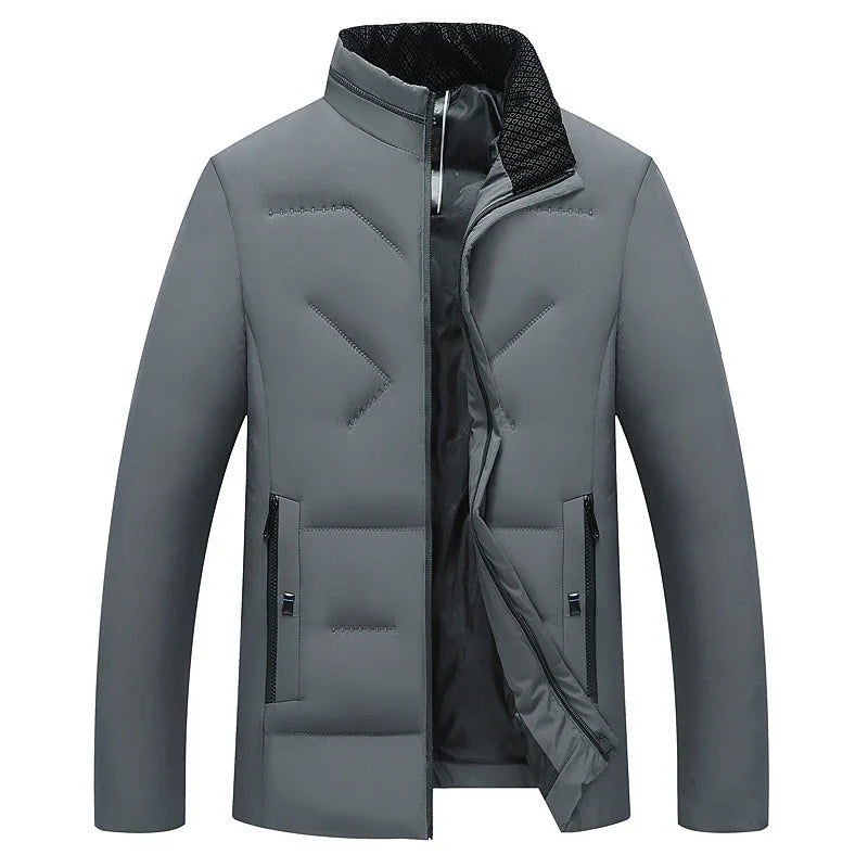 Cozy padded jacket with stand collar and full-zip closure, available in gray, black, and navy blue colors