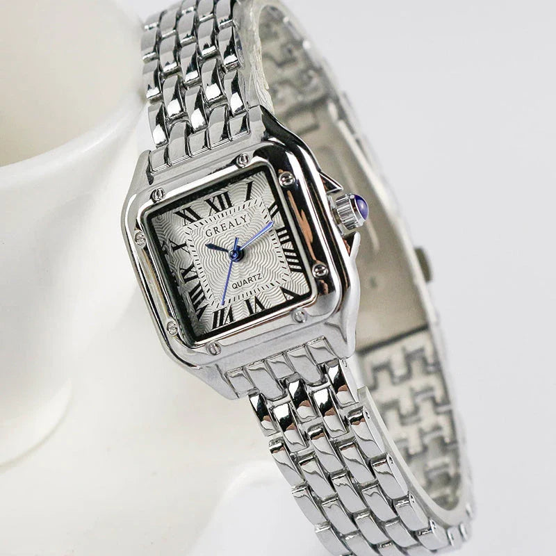 Elegant stainless steel square women's watch with quartz movement and sleek design