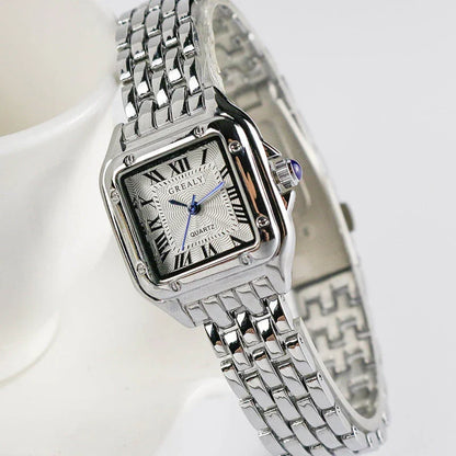 Elegant stainless steel square women's watch with quartz movement and sleek design
