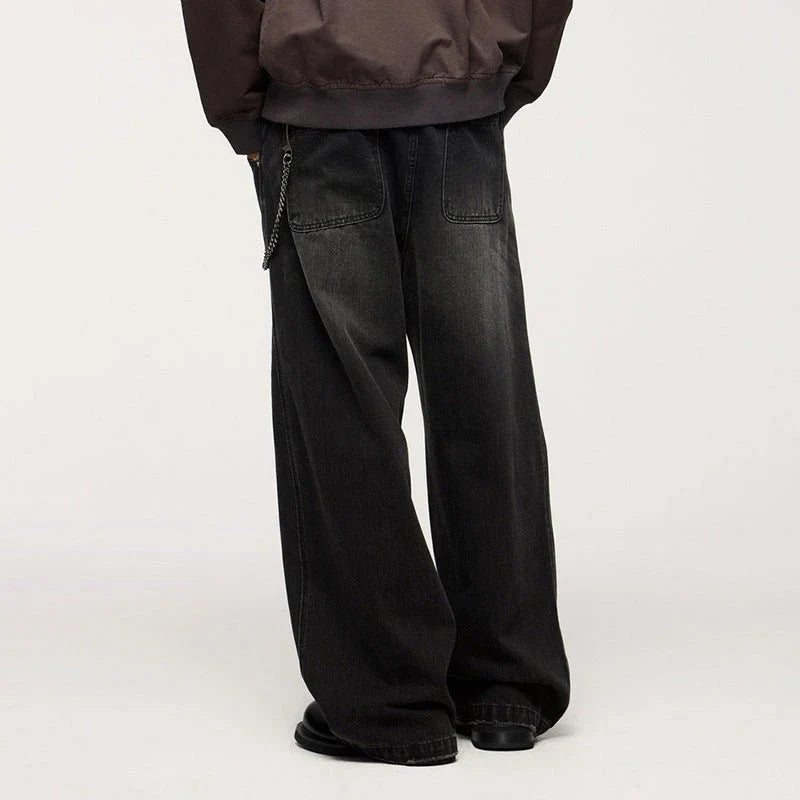 Men's relaxed fit retro straight-leg jeans in black, gray, and denim blue with vintage-inspired details