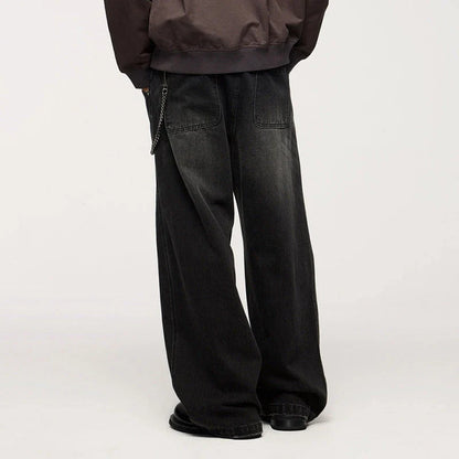 Men's relaxed fit retro straight-leg jeans in black, gray, and denim blue with vintage-inspired details